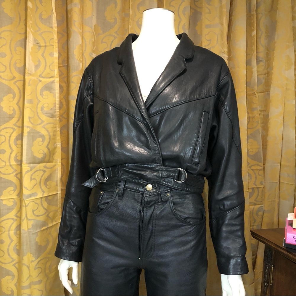 Topshop Black Leather Belted Batwing Cropped Jacket